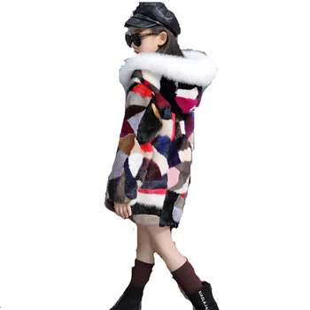2018 m. žiemos naujus audinės kailinius Vaikų kailio audinės kailis ilgas kailis mergina spalva koliažas audinės kailio striukė vaikams, kailiniai paltai FDL1003