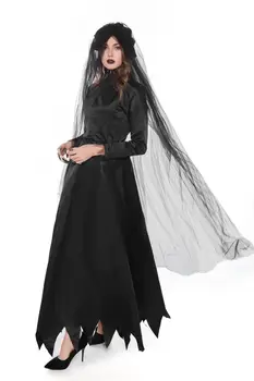2020 m., Helovyno Cosplay Suknelės Moteriška Suknelė Moterų' s vientisos Spalvos Apvalios Kaklo, ilgomis Rankovėmis Suknelė su Skrybėlę ir Vestuvių Šydas, Juoda
