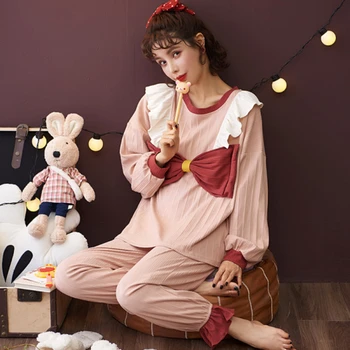 2020 Naujų Rudens įvairių ilgomis rankovėmis lankas-mazgas apykaklės pižama moterų kostiumai namų paslauga mielas stilius atsitiktinis pyjama Caiyier