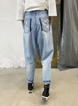 2020SS Moterų Džinsus, Negabaritinių Prarasti Plauti Skylę Haremo Kelnės Hip-Hop Streetwear Kelnės Femme Japonija Stiliaus Kelnės Cross