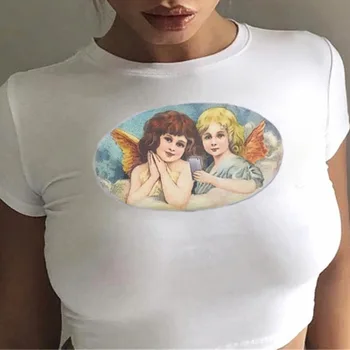 Angel Spausdinti Apkarpytos marškinėlius Moterims, Baltos Megztos O-kaklo trumpomis Rankovėmis t-shirt Summer Tee Marškinėliai Femme Pasėlių Viršų Seksuali Moteris