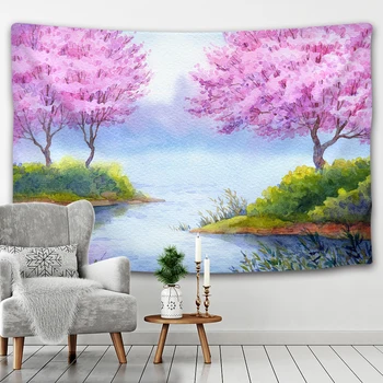 Gamtos peizažai akvarelė kraštovaizdžio žydinčių medžių ežero Hipių namo sienos kabo gobelenas dydis
