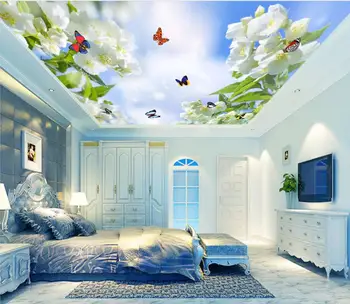 Gražios gėlės, drugeliai, mėlynas dangus ir balti debesys lubų freskomis 3d lubų freskomis tapetai