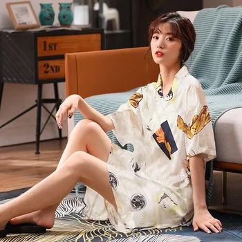 Japonų Kimono 2 vnt Vasarą Moterys Sleepwear Dirbtiniais Šilko Satino Pijamas Mujer Pižama trumpomis Rankovėmis moterims Prarasti Pižamos Femme