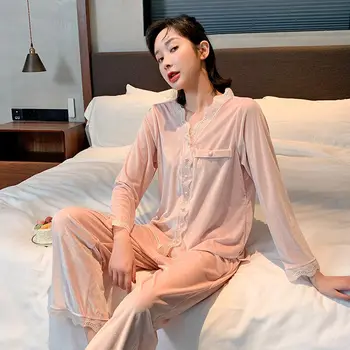 Moterų Ilgas rankovėmis Pižamos Storo Aksomo Kietas Sleepwear korėjos Paprasta Namų Žiemą Dėvėti Atsitiktinis Loungewear Mielas Nėrinių Pižama Komplektas