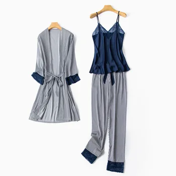 Moterų Mėlyna Pižama Komplektas Dryžuotas 3PCS Sleepwear Pavasario Vasaros Pižamos Kostiumas Moteriška Suknelė Kimono Atsitiktinis Miego Set Home Padažu Suknelė
