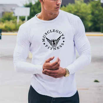 Muscleguys klasikinis print long sleeve t shirt vyrai, Fitneso prekės ženklo drabužių atsitiktinis slim fit aukštos kokybės ruožas medvilnės vyrų t-shirt