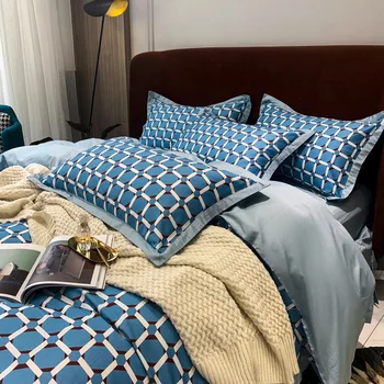Mėlyna tinklelis antklode padengti Šiuolaikinės Trumpas patalynė, lapas Prabangios Egipto medvilnės patalynės komplektai lova nustatyti lovatiesė karalienė king size