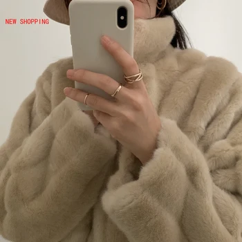 Naujas Elegantiškas Trumpas Dirbtiniais Kailių Paltai Chaki 2020 M. Žiemos Prabangus Šiltas Tirštėti Pliušinis Moterų Striukė Korėjos Prarasti Furry Paltas Mujer