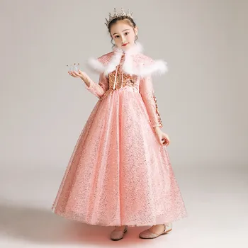 Vaikų Mergaičių Elegantiška Balta rausva Siuvinėjimo Nėrinių Vestuvės Princesė Purus Ilga Suknelė Vaikai Prabanga Priimančiosios Modelis Rodo Suknelė