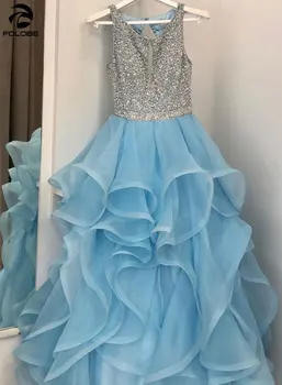 Šviesiai Mėlyna Prom Dresses 2020 Duobute Blizgančiais 8 Klasės Baigimo Šalis Suknelė Atvira Nugara Raukiniai Organza Ilgai Promenadzie Suknelė