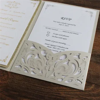 Šviesiai pilka pjovimas lazeriu kišenėje vestuves kvietimą pilkos ir aukso blizgučiai pakviesti asmeninį dizainas, spausdinimas