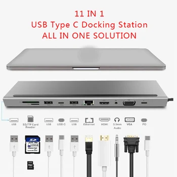 11 1 USB Tipo C Hub Adapteris Nešiojamas Docking Station VGA, RJ45 PD 