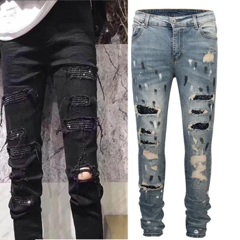 2018 VIRŠŲ dizainerio drabužius Splash-rašalo Kelis kankina vyrų džinsai hip-hop Mados Atsitiktinis moto dviratininkas Skylę jeans Black blue 30-36