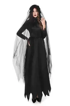 2020 m., Helovyno Cosplay Suknelės Moteriška Suknelė Moterų' s vientisos Spalvos Apvalios Kaklo, ilgomis Rankovėmis Suknelė su Skrybėlę ir Vestuvių Šydas, Juoda