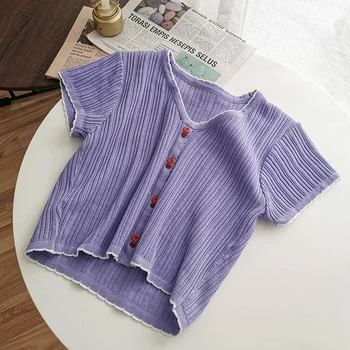 2020 Naujų korėjos apvalios kaklo marškinėliai trumpas trikotažo marškinėliai moterims vasaros slim trumpas rankovėmis viršuje WX49