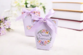 50 Vnt Violetinė Gėlių Vestuvių Nori Saldainių Dėžutėmis Maišeliais Bomboniera Partija Pasisako Dovanų Dėžutė Popieriaus, Saldainių Krepšiai Su Kaspinais