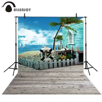 Allenjoy fone šluostės fotografijos mėlyna medžio namas jūra, dangus atostogų backdrops photocall photophone photozone mėgsta nuotrauka