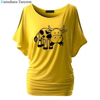 Animacinių filmų Karvė Kūrybos Vasaros Moterų Mergina T Shirt Cool Spausdinti Laisvalaikio mada batwing rankovės, Trumpos Rankovės, O Kaklo Medvilnės Marškinėliai