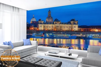 Custom 3d tapetai, freskos Europos miestų statybos uosto jachta naktį mano, apšvietimo upės tv sofa-lova, miegamojo kambarį restoranas