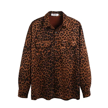Flannelette ir storas rankovėmis vyriški marškiniai -- korėjos palaidų montavimo viršūnes -- leopardas spausdinti marškinėliai.