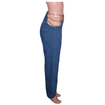 FNOCE 2020 nauja, moterų džinsus, kelnes prarasti mados tendencijas seksualus kietas Grandinės apdailos aukštos juosmens, plonas džinsinis audinys visiškai Tiesios kelnės