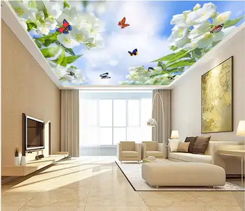 Gražios gėlės, drugeliai, mėlynas dangus ir balti debesys lubų freskomis 3d lubų freskomis tapetai