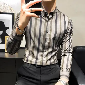 Korėjos Verslo Oficialią Dėvėti Dryžuotas Marškinėliai Vyrams Drabužius 2021 M. Pavasarį Paprasta Slim Fit Atsitiktinis Biuro Palaidinė Homme Juoda/Chaki