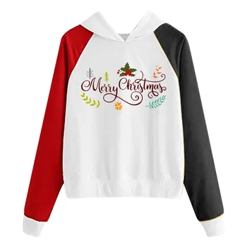 Mados Moterų Kalėdų Spausdinti Naujųjų Metų (Įvelkamų Megztinių su Gobtuvu Turas Apykakle ilgomis Rankovėmis Viršūnes sudurti Sportowy sweter#G1
