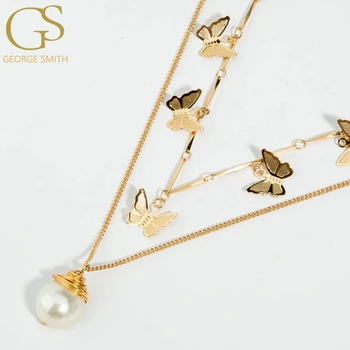 Mados Ntural Perlų Karoliai Moterų Temperamentas Clavicle Grandinės Europos ir Amerikos Asmenybės Golden Butterfly Karoliai