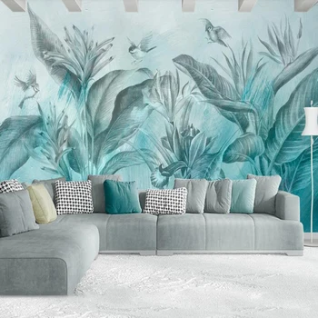 Milofi užsakymą 3D tapetai, freskos Šiaurės minimalistinio rankomis dažyti mėlyna tropinių augalų fone, sienų apdaila dažymas wallpape