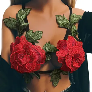 Moterų Erotiniai Atviros Taurės Bustier Didelių Rožių Gėlių Siuvinėtos Aplikacijos Apatiniai, Liemenėlė Strappy Tvarstis Naktinis Klubas Apatinis Trikotažas Bralette