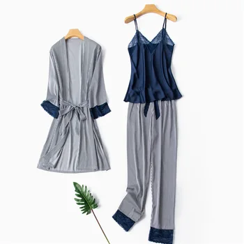 Moterų Mėlyna Pižama Komplektas Dryžuotas 3PCS Sleepwear Pavasario Vasaros Pižamos Kostiumas Moteriška Suknelė Kimono Atsitiktinis Miego Set Home Padažu Suknelė
