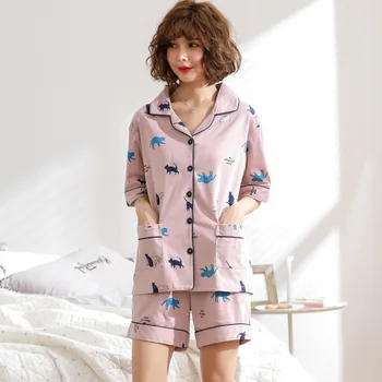 Moterų naujų 2019 m. vasarą pižama trumpomis rankovėmis megztinis šortai kostiumas atsitiktinis mielas plonas skyriuje mergaičių pajama komplektai pajama rinkinys