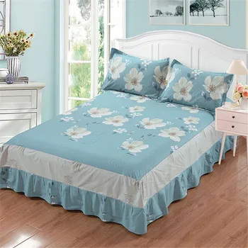 Mėlyna balta kiaulpienės patalynės komplektai atspausdintas juostele modelis Medvilnės lova sijonai, Antklodė, minkštas pagalves 3pcs Kaimo stilius