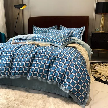 Mėlyna tinklelis antklode padengti Šiuolaikinės Trumpas patalynė, lapas Prabangios Egipto medvilnės patalynės komplektai lova nustatyti lovatiesė karalienė king size