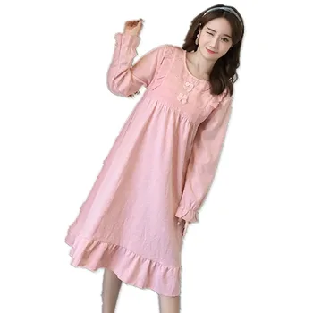Rožinės spalvos Pižamą Medvilnės Nightgowns Moterų Princesė Sleep & Lounge ilgomis rankovėmis Elegantiška Panele Nightdress Derliaus Sleepshirts AD075