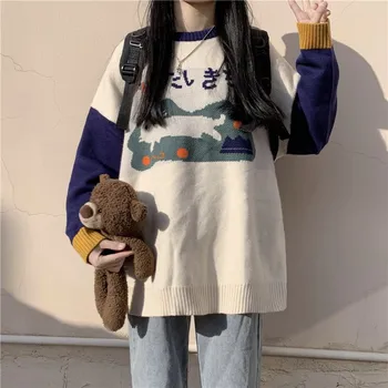 Rudenį ir žiemą korėjos apie Harajuku stilius naują laišką, siuvinėjimo O-kaklo megztinis ilgomis rankovėmis spalvų megztinis