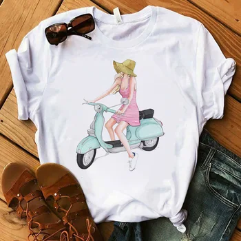 Vasaros Atsitiktinis Moterys T shirts Animacinių filmų Motociklo Spausdinti Mados drabužių Harajuku Atsitiktinis korėjos Stiliaus Viršūnes moterų Tee_T-Marškinėliai