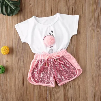 2020 metų Vasaros Bamblys Vaikams Baby Girl Drabužius trumpomis Rankovėmis Balta Flamingo Viršūnės T-shirt Blizgučiai Bling Šortai Vaikams 2vnt Komplektus, Rinkinius