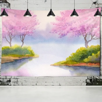 Gamtos peizažai akvarelė kraštovaizdžio žydinčių medžių ežero Hipių namo sienos kabo gobelenas dydis