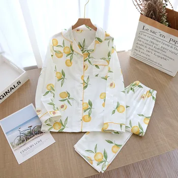 Japonijos Saldus naktiniai marškiniai, pižamos rinkiniai moterims vasaros marlės medvilnės ilgomis rankovėmis mielas Braškių sleepwear moterys-Šviežios pižamos