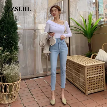 Korėjos versija, naujas vasaros skaldytų skylę aukšto juosmens tris sagties liesas ruožas džinsai 2020 atsitiktinis mados devynių taškų džinsai