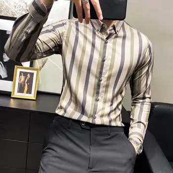 Korėjos Verslo Oficialią Dėvėti Dryžuotas Marškinėliai Vyrams Drabužius 2021 M. Pavasarį Paprasta Slim Fit Atsitiktinis Biuro Palaidinė Homme Juoda/Chaki