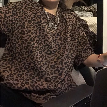 Moterų 2021 Mados Leopard Print T Shirt, Derliaus, O Kaklas Trumpas Rankovės Tees Moterų TShirts Blusas Prašmatnus Viršūnės