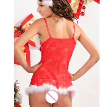 Seksualus apatinis trikotažas karštas erotinis moterų naktį suknelė Moterims Seksualus Kalėdų Šventė Raudonai Tuščiaviduriai apatinis Trikotažas Thong Nustatyti Nightdress Apatiniai #9