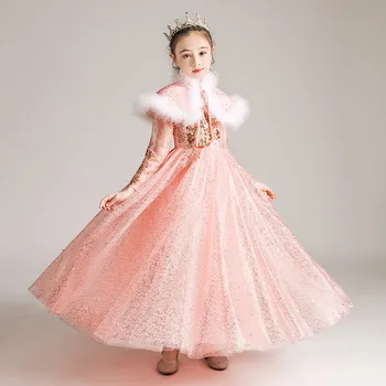 Vaikų Mergaičių Elegantiška Balta rausva Siuvinėjimo Nėrinių Vestuvės Princesė Purus Ilga Suknelė Vaikai Prabanga Priimančiosios Modelis Rodo Suknelė